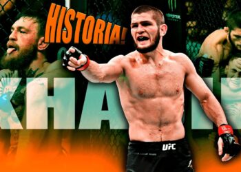 Luchador de MMA en el octágono señalando hacia el público con guantes UFC y montaje gráfico de fondo