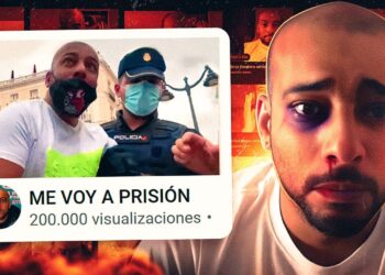 Hombre con moretón en el rostro junto a una miniatura de vídeo que muestra a un policía y el texto 'ME VOY A PRISIÓN'