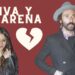 Dos personas separadas frente a fondo granate con corazón roto y texto promocional, Las parejas de Leiva: amor y desamor en su vida sentimental