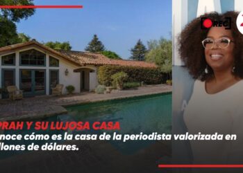 La lujosa mansión: fachada con techo de tejas, amplio patio y piscina, junto al retrato de una mujer sonriente