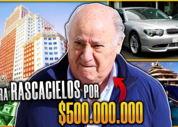 ¿Cuánto cobra Amancio Ortega? Descubre su impresionante sueldo: hombre mayor frente a rascacielos, yate, coche de lujo y fajos de dinero.