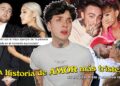 Collage de fotografías de una cantante pop con varias parejas y el texto 'la historia de AMOR más triste' destacando momentos íntimos y rupturas.