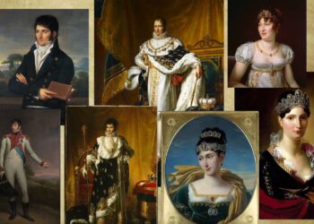 Collage de retratos imperiales y coronas en pinturas clásicas, Cuántos hijos tuvo Napoleón: secretos de su legado familiar.