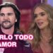 Pareja en estudio de televisión con texto 'Dejarlo todo por amor' y diseño colorido, enfoque en mujer y músico