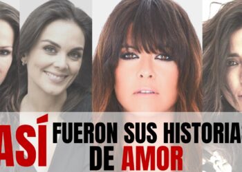 Collage de retratos femeninos en primer plano con un titular llamativo sobre sus historias de amor y relaciones sentimentales