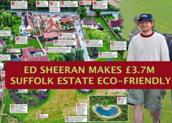 Vista aérea de una lujosa mansión en Suffolk con mapa del terreno, anotaciones del proyecto ecológico y dos personas caminando junto a la propiedad.