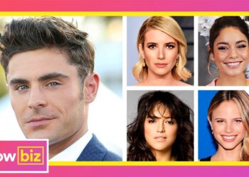 Collage de un actor famoso acompañado de varios retratos femeninos que sugiere relaciones y encuentros sentimentales