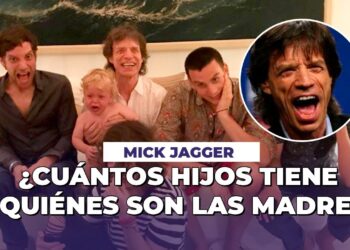 Varias personas adultas y niños sentados en un sofá con un titular editorial que pregunta cuántos hijos tiene y quiénes son las madres, imagen que sugiere una reunión familiar y un retrato circular del músico famoso.