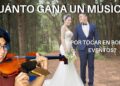 Pareja de novios en un bosque y un violinista revisando su cartera mientras aparece la pregunta ¿Cuánto cobra la orquesta Assia? Descubre sus tarifas y secretos