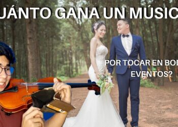 Pareja de novios en un bosque y un violinista revisando su cartera mientras aparece la pregunta ¿Cuánto cobra la orquesta Assia? Descubre sus tarifas y secretos