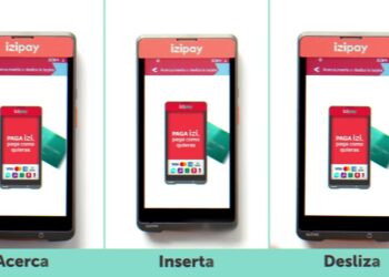 Terminales Izipay mostrando modos de pago 'Acerca, Inserta, Desliza' y pantalla con 'PAGA izi', ¿Cuánto cobra Izipay? Descubre tarifas y beneficios sorprendentes