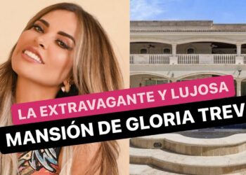 Retrato de una mujer junto a la fachada de una gran residencia con piscina; Dónde vive Gloria Trevi: secretos de su lujosa mansión revelados