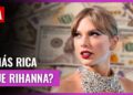 Retrato de una cantante famosa con fondo de billetes y un titular que cuestiona su riqueza.