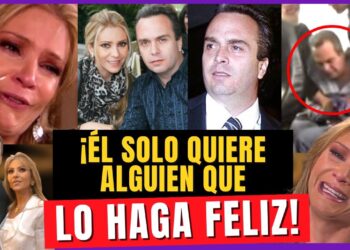 Collage editorial con una actriz llorando, varias fotografías de un hombre y texto sensacionalista que plantea dudas sobre su esposo y su vida sentimental.