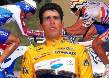 Retrato central de un legendario ciclista español en maillot amarillo acompañado de escenas de contrarreloj con el patrocinio Banesto