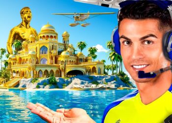 Hombre sonriente con auriculares de piloto mostrando una isla paradisíaca con un palacio dorado, estatua dorada y hidroavión, P3w2bH uBJc