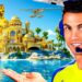 Hombre sonriente con auriculares de piloto mostrando una isla paradisíaca con un palacio dorado, estatua dorada y hidroavión, P3w2bH uBJc