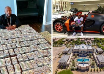 Hombre sentado detrás de una mesa llena de fajos de billetes, junto a un superdeportivo naranja y una mansión aérea P9t6hCgJFBg