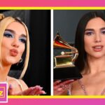 Retrato de una artista en alfombra roja con peinado elegante y un trofeo musical