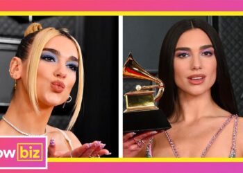 Retrato de una artista en alfombra roja con peinado elegante y un trofeo musical