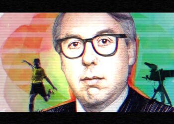 Ilustración editorial de un ejecutivo con gafas frente a iconos de televisión y deporte, acompañando la búsqueda Quién es Sharon Fastlicht, la esposa de Emilio Azcárraga Jean.