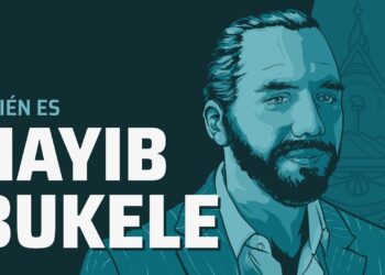 Retrato ilustrado en tonos azul verdoso de un hombre con barba y texto editorial grande que pregunta 'Quién es', composición vectorial para un análisis político.