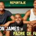 La familia de LeBron James: amor, éxito y legado familiar 27 Hombre adulto con dos jóvenes sonrientes en gradas, retrato familiar que transmite cariño y unión.