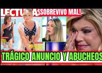 Portada de revista sensacionalista con varias fotos de una mujer en diferentes estados emocionales y el titular llamativo 'TRÁGICO ANUNCIO Y ABUCHEOS'.