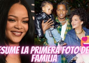 Montaje con retrato de una mujer sonriente y foto familiar con padre, madre y dos niños, texto llamativo en rosa