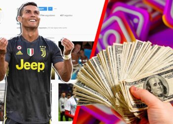 Futbolista con camiseta Juventus frente a una pantalla tipo Instagram y un fajo de dólares Wbu6SACwWBg