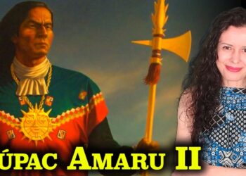 Retrato compuesto con la figura guerrera de Túpac Amaru II, una mujer sonriente a la derecha y texto destacado, La esposa de Tupac Amaru: Micaela Bastidas y su legado histórico.