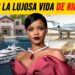 Retrato elegante frente a un collage de mansión, yate, jet privado y auto deportivo que invita a preguntar ¿Qué fue de Rihanna? Descubre su vida actual y nuevos proyectos
