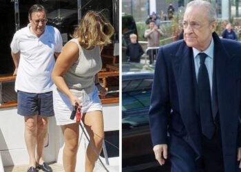 Collage con dos escenas: a la izquierda una persona y una mujer en la cubierta de un yate, a la derecha un hombre mayor con traje y abrigo caminando por una calle urbana.