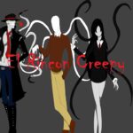 La intrigante familia de Slenderman: secretos y mitos revelados, cuatro figuras alargadas sin rostro con trajes formales y tentáculos oscuros.
