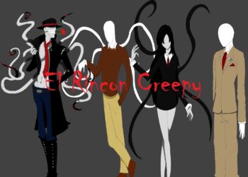 La intrigante familia de Slenderman: secretos y mitos revelados, cuatro figuras alargadas sin rostro con trajes formales y tentáculos oscuros.
