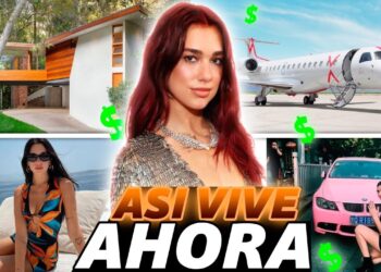 Cantante famosa frente a una lujosa casa en Los Ángeles, acompañada de imágenes de jet privado, yate y coches de lujo que ilustran un estilo de vida millonario.