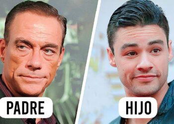 Montaje dividido con dos retratos enfrentados, etiqueta 'PADRE' a la izquierda y 'HIJO' a la derecha mostrando parecido generacional