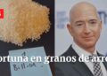 La sorprendente fortuna de [persona famosa]: ¿Cuánto dinero tiene realmente? Montón de granos de arroz junto a una nota manuscrita y el retrato de un hombre calvo con traje.