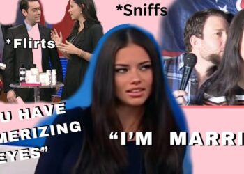 Mujer modelo en un collage tipo meme con frases superpuestas y escenas de entrevistas, persona no identificada