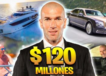 Figura calva en traje rodeada de yate, coche de lujo y escenas vacacionales con texto "$120 millones" que evoca riqueza y estilo de vida opulento