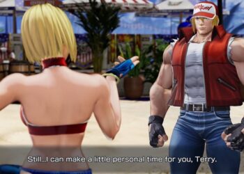 Parejas de KOF: Descubre los romances más icónicos y apasionantes en una escena de playa con un luchador de gorra y una combatiente en bikini.