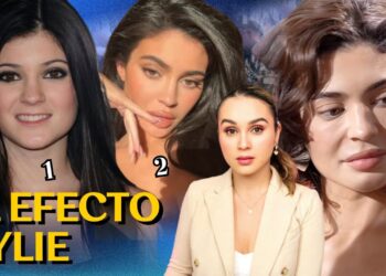 Collage de retratos femeninos en distintas etapas con numeración y una presentadora en primer plano que ilustra el efecto mediático en la industria