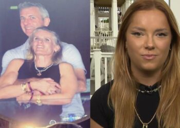 Pareja abrazada en un concierto junto al retrato de una joven, imagen que acompaña El sorprendente escándalo de los jefes de una famosa empresa que borraron sus LinkedIn tras un beso inesperado en un concierto de Coldplay.