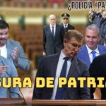 Montaje político con un diputado gesticulando repetidamente en un hemiciclo y el texto grande 'BASURA DE PATRIA!!!' junto a una formación de policías.