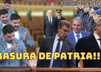 Montaje político con un diputado gesticulando repetidamente en un hemiciclo y el texto grande 'BASURA DE PATRIA!!!' junto a una formación de policías.