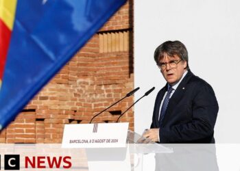 Hombre con traje y gafas hablando en un podio ante banderas en un acto público
