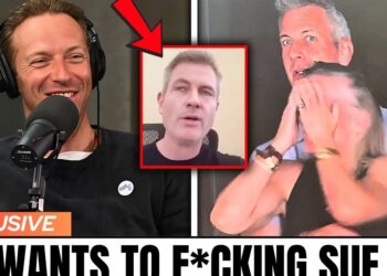 Hombre sonriente hablando en podcast con micrófono, recuadro de otro rostro señalado por una flecha y pareja sorprendida en el palco.