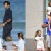 Padre caminando y jugando con sus cuatro hijos en la playa y en la ciudad, capturando un tierno momento familiar al aire libre