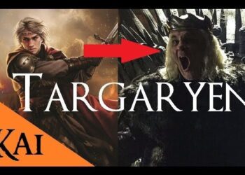 Imagen dividida que muestra a un joven guerrero de cabello plateado frente a un rey coronado en un trono, con una flecha roja señalando; Familia de Daenerys: descubre los secretos de los Targaryen