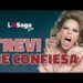 Retrato de una cantante con expresión enérgica y boca abierta frente a un cartel promocional que muestra el texto 'La Trevi se confiesa' y el logo 'LoSaga Live'.